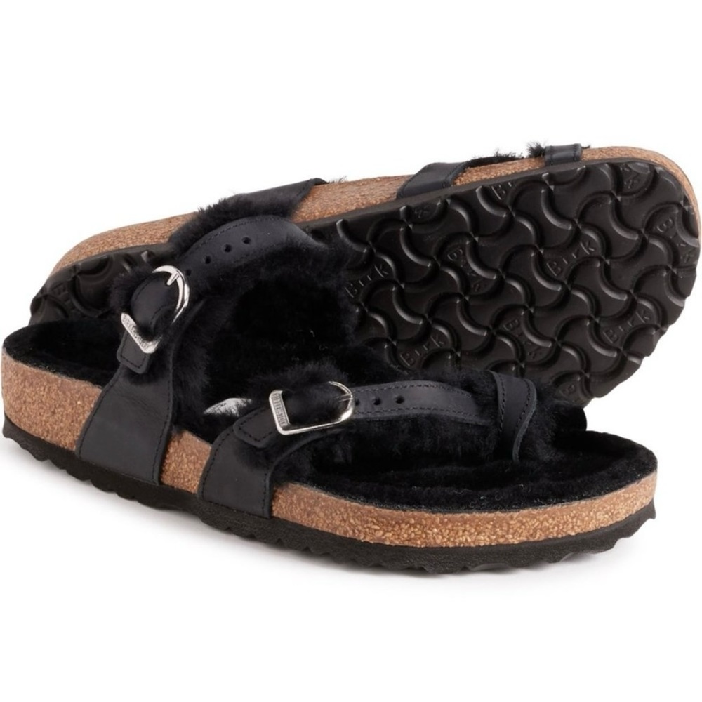 NWT Birkenstock Shearling Mayari Black Oiled Leather Sandals Size 37